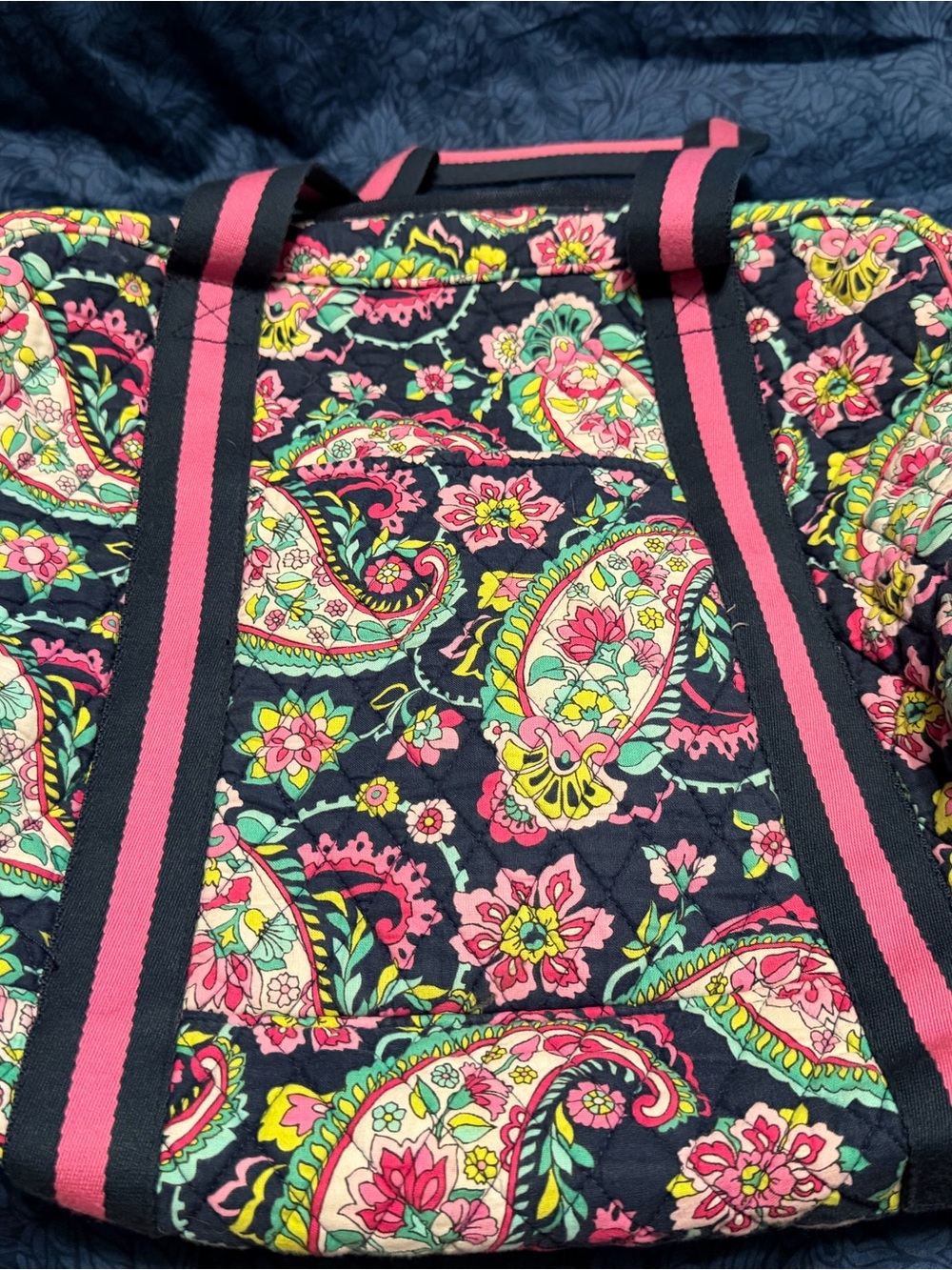 Vera Bradley Navy Quilted Tote with Pink and Green Motif